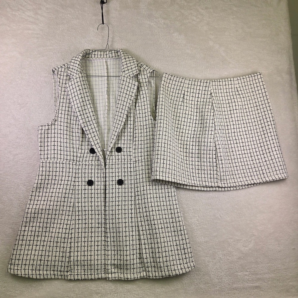 White Black Grid Tweed 2 Piece Set Sleeveless Double Breasted Vest Mini Skirt